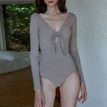 Load image into Gallery viewer, Long Sleeve One Piece Swimsuit Women Solid Swimwear Cut Out Monokini Bow Swim Suit Open Back Trikini Pad Bathing Suit Vintage