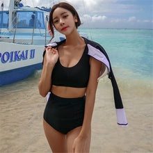 Load image into Gallery viewer, Long Sleeve Rash Guard Women Black Two Piece Swimsuits Zipper High Waist 3 Pieces Surfing Suit Crop Bathing Suit Pad Swimwear