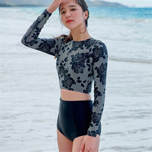 Load image into Gallery viewer, Long Sleeve Rash Guard Women Floral Print Two Piece Swimsuits High Waist Tankini Surfing Suit Crop Bathing Suit Bandage Black