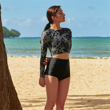 Load image into Gallery viewer, Long Sleeve Rash Guard Women Floral Print Two Piece Swimsuits High Waist Tankini Surfing Suit Crop Bathing Suit Bandage Black