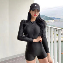 Load image into Gallery viewer, Long Sleeve Rash Guards For Women Solid One Piece Swimsuits Zipper Swimwear High Neck Monokini Shorts Surfing Suits Black Sports