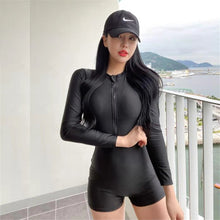 Load image into Gallery viewer, Long Sleeve Rash Guards For Women Solid One Piece Swimsuits Zipper Swimwear High Neck Monokini Shorts Surfing Suits Black Sports
