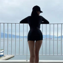 Load image into Gallery viewer, Long Sleeve Rash Guards For Women Solid One Piece Swimsuits Zipper Swimwear High Neck Monokini Shorts Surfing Suits Black Sports