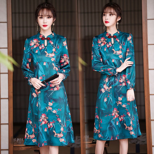 Long Sleeve Retro High Waist Dress Women Autumn Floral Print Plus Size Elegant Chinese Style Improved Cheongsam Ladies Clothes