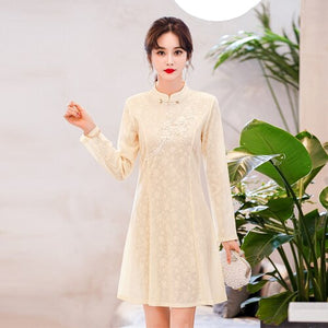 Long Sleeve Stand Collar Improved Cheongsam Women Autumn Lace Solid Beading Embroidery Slim Chinese Style Mini Dress Female