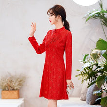 Load image into Gallery viewer, Long Sleeve Stand Collar Improved Cheongsam Women Autumn Lace Solid Beading Embroidery Slim Chinese Style Mini Dress Female