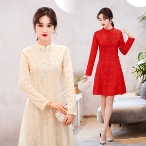 Long Sleeve Stand Collar Improved Cheongsam Women Autumn Lace Solid Beading Embroidery Slim Chinese Style Mini Dress Female