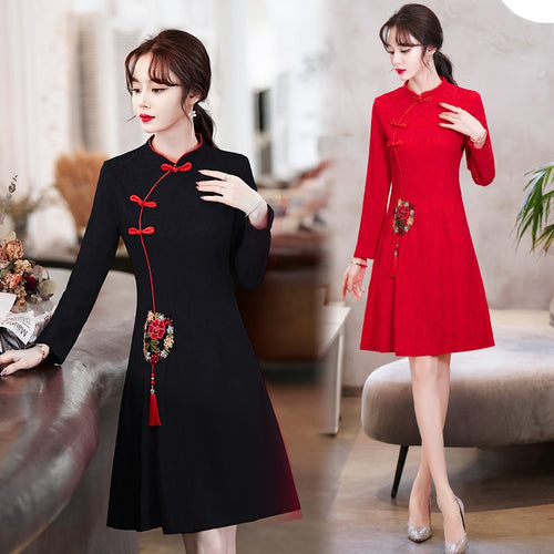 Long Sleeve Stand Collar Retro Buckle Lace Slim Improved Cheongsam Lady Autumn Elegant Plus Size Chinese Style Women Mini Dress