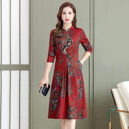 Long Sleeve Stand Collar Vintage Floral Print Improved Cheongsam Women Autumn High Waist Pocket Retro Buckle Knee Length Dress