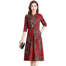 Load image into Gallery viewer, Long Sleeve Stand Collar Vintage Floral Print Improved Cheongsam Women Autumn High Waist Pocket Retro Buckle Knee Length Dress