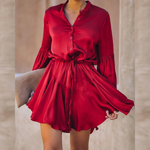 Long Sleeve Vintage Women Shirt Dress 2021 Spring Summer Drawstring A Line Mini Dress Elegant Ladies Office Dresses Party Dress