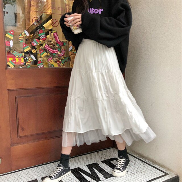 Long Tulle Midi Skirts Womens 2020 Autumn Elastic High Waist Mesh Tutu Pleated Skirts Female Black White Long Skirt Streetwear