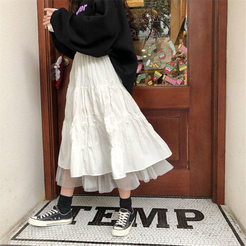 Long Tulle Midi Skirts Womens 2020 Autumn Elastic High Waist Mesh Tutu Pleated Skirts Female Black White Long Skirt Streetwear