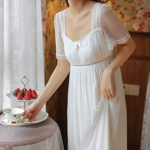 Long White Night Dress Women Lace Nightgowns Palace Vintage Gown Nighty Sleepshirts Ladies Sexy Hot Erotic Homewear Suit Modal