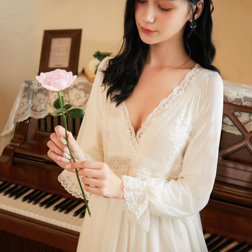 Long White Nightgowns Ladies Vintage Palace Style Lace Nightdress Sexy Women Sleepshirts Elegant Dress Sleepwear Home Clothing