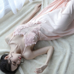 Long Womens Nightgowns Satin Night Dress Elegant Nightie Spaghetti Strap Silk Lingerie Sexy Lace Lady Pink see through Femme