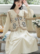 Load image into Gallery viewer, Loose Casual Korean Sweet Two Piece Set Women Autumn Fresh Retro Flower Knitted Vest+Doll Collar Dress Femme Cute Retro Set Fall