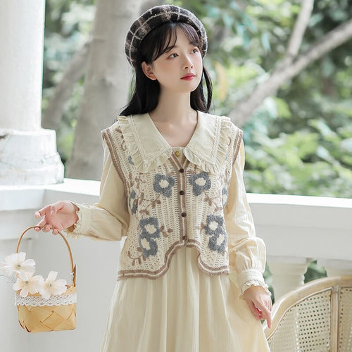 Loose Casual Korean Sweet Two Piece Set Women Autumn Fresh Retro Flower Knitted Vest+Doll Collar Dress Femme Cute Retro Set Fall