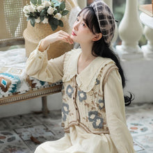 Load image into Gallery viewer, Loose Casual Korean Sweet Two Piece Set Women Autumn Fresh Retro Flower Knitted Vest+Doll Collar Dress Femme Cute Retro Set Fall