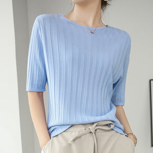 Loose Tops Women Summer Solid Casual O Neck Short Sleeve Female Pullover Knitwear Elegant Chic Sweet Basic Girls Sweater Tees