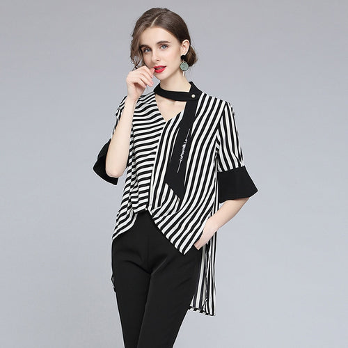 Loose Type Stripped Blouse Women Plus Size Fat Lady Shirts Mujer Half Sleeves Summer Tops Blusas Elegant Camisa Amarilla OL Sexy