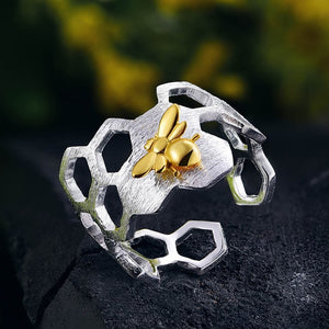 Lotus Fun Real 925 Sterling Silver 18K Gold Bee Rings Natural Designer Fine Jewelry Home Guard Honeycomb Open Ring for Women