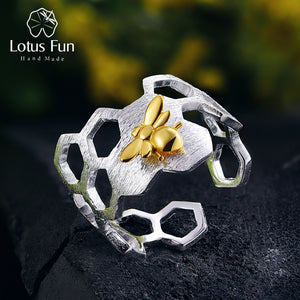 Lotus Fun Real 925 Sterling Silver 18K Gold Bee Rings Natural Designer Fine Jewelry Home Guard Honeycomb Open Ring for Women