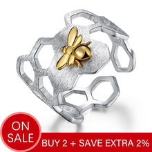 Load image into Gallery viewer, Lotus Fun Real 925 Sterling Silver 18K Gold Bee Rings Natural Designer Fine Jewelry Home Guard Honeycomb Open Ring for Women