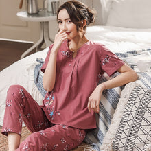 Load image into Gallery viewer, Loungewear Women Crew Neck Pjs Women 100% Cotton Homesuit Homeclothes Fashion Style Printing Short Sleeve Long Pants Pj Set