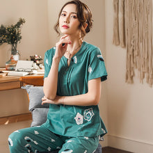 Load image into Gallery viewer, Loungewear Women Crew Neck Pjs Women 100% Cotton Homesuit Homeclothes Fashion Style Printing Short Sleeve Long Pants Pj Set