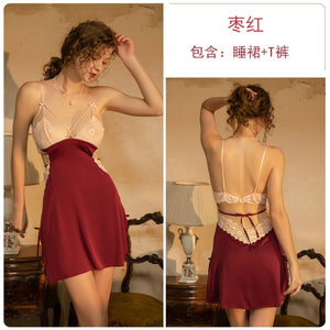 Luxury Nightgowns Lace Beauty Back Bow Knot Halter Strap Nightdress Sexy Sleepwear Night Wear V-Neck Embroidery Silk Dress