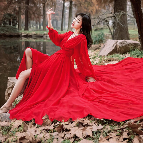 Luxury Red & White Chiffon Long Dress For Elegant Lady Gorgeous V-Neck Lanter Sleeve Floor Length Bohimian Beach Dresses Vestido