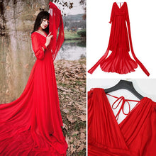 Load image into Gallery viewer, Luxury Red &amp; White Chiffon Long Dress For Elegant Lady Gorgeous V-Neck Lanter Sleeve Floor Length Bohimian Beach Dresses Vestido