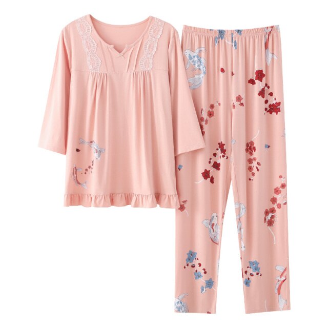 M-3XL Women Pajamas Set Spring Autumn New Thin Flower Printed  Sleeve Cute Sleepwear Casual Homewear Female Pyjamas