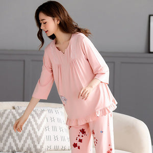 M-3XL Women Pajamas Set Spring Autumn New Thin Flower Printed  Sleeve Cute Sleepwear Casual Homewear Female Pyjamas