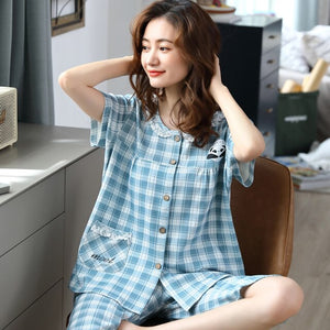 M-4XL Cotton Women Pajamas Sets Plaid Print Girls Sleepwear Women's Pijamas Suit Home Clothes Larger Pyjama Femme