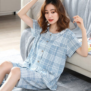 M-4XL Cotton Women Pajamas Sets Plaid Print Girls Sleepwear Women's Pijamas Suit Home Clothes Larger Pyjama Femme