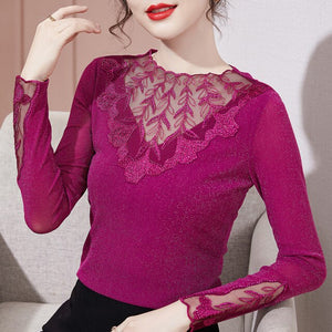 M-4XL Plus Size High-end Embroidered Bottoming Shirt New 2021 Autumn Long Sleeve Lace Tops Elegant Slim Patchwork T-Shirt