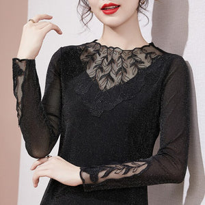M-4XL Plus Size High-end Embroidered Bottoming Shirt New 2021 Autumn Long Sleeve Lace Tops Elegant Slim Patchwork T-Shirt