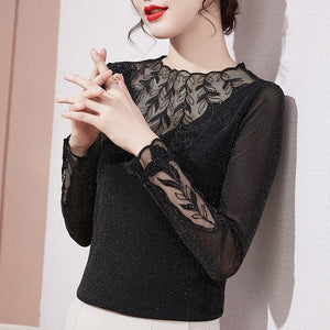 M-4XL Plus Size High-end Embroidered Bottoming Shirt New 2021 Autumn Long Sleeve Lace Tops Elegant Slim Patchwork T-Shirt