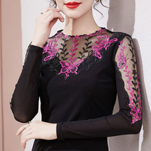 Load image into Gallery viewer, M-4XL Plus Size Women Clothing New 2021 Autumn Winter Long Sleeve Mesh T-Shirt Elegant Slim Hollow Out Embroidered Lace Tops