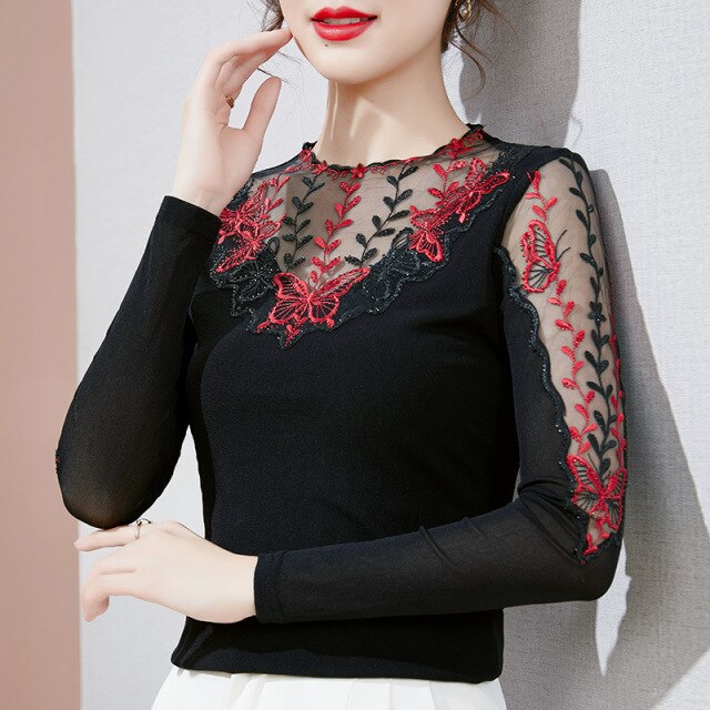 M-4XL Plus Size Women Clothing New 2021 Autumn Winter Long Sleeve Mesh T-Shirt Elegant Slim Hollow Out Embroidered Lace Tops