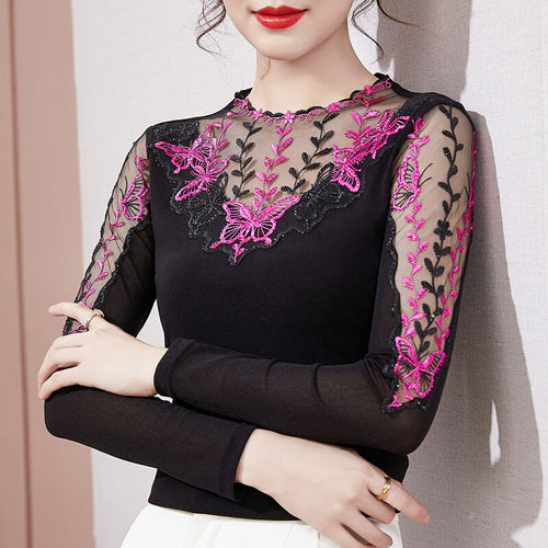 M-4XL Plus Size Women Clothing New 2021 Autumn Winter Long Sleeve Mesh T-Shirt Elegant Slim Hollow Out Embroidered Lace Tops