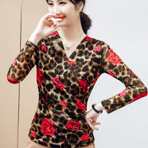 M-4XL Plus Size Women's Tops Fashion Casual Leopard Print T-Shirt Sexy V-Neck Long Sleeve Women Blouse