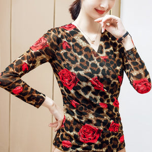 M-4XL Plus Size Women's Tops Fashion Casual Leopard Print T-Shirt Sexy V-Neck Long Sleeve Women Blouse