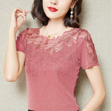 Load image into Gallery viewer, M-4XL Women T-Shirt 2021 New Lace Hollow Embroidery Mesh Tops Fashion Casual Short Sleeve Hot drilling Women&#39;s Shirt Blusas