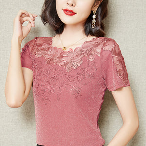 M-4XL Women T-Shirt 2021 New Lace Hollow Embroidery Mesh Tops Fashion Casual Short Sleeve Hot drilling Women's Shirt Blusas