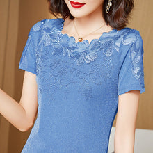 Load image into Gallery viewer, M-4XL Women T-Shirt 2021 New Lace Hollow Embroidery Mesh Tops Fashion Casual Short Sleeve Hot drilling Women&#39;s Shirt Blusas
