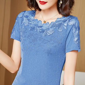 M-4XL Women T-Shirt 2021 New Lace Hollow Embroidery Mesh Tops Fashion Casual Short Sleeve Hot drilling Women's Shirt Blusas