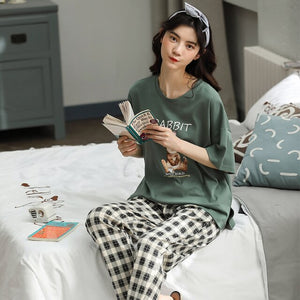 M-5XL Pajama Set Women Short Sleeve Top Cartoon Plaid Long Pants Pajamas Set Soft Sleepwear Female Pyjama Set Summer Home Wear